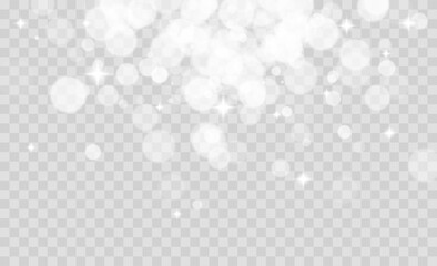 Light abstract glowing bokeh lights. Light bokeh effect isolated on transparent background. Christmas background from shining dust. Christmas concept flare sparkle. White png dust light.