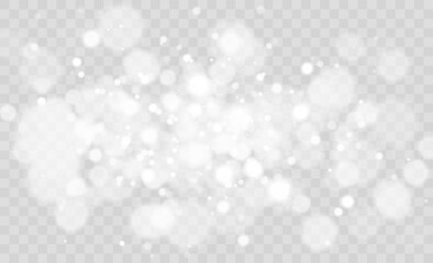 Light abstract glowing bokeh lights. Light bokeh effect isolated on transparent background. Christmas background from shining dust. Christmas concept flare sparkle. White png dust light.