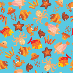 Fototapeta na wymiar Vector seamless background with cartoon sea animals