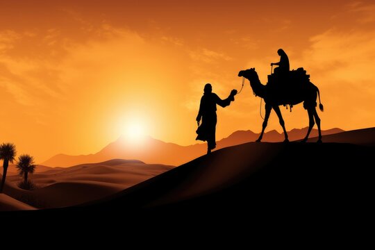 Silhouette of Joseph and Mary on camel across desert. Christmas scene of baby Jesus with Mary and Joseph. Christian Nativity story with Birth of Christ. Generative AI