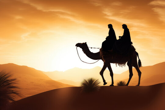 Silhouette of Joseph and Mary on camel across desert. Christmas scene of baby Jesus with Mary and Joseph. Christian Nativity story with Birth of Christ. Generative AI