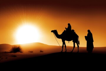 Fototapeta na wymiar Silhouette of Joseph and Mary on camel across desert. Christmas scene of baby Jesus with Mary and Joseph. Christian Nativity story with Birth of Christ. Generative AI