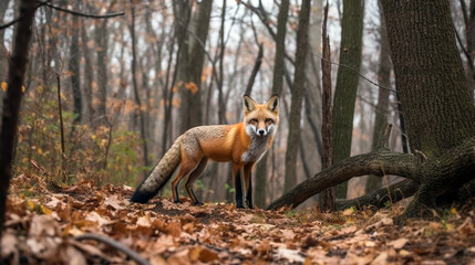 a fox walking on autum forest. Generative AI
