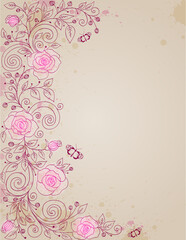 Fototapeta na wymiar vector hand drawn floral background with rose and butterflies