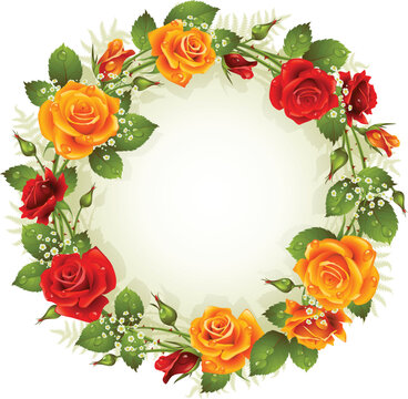 Vector red and yellow rose frame in the shape of circle