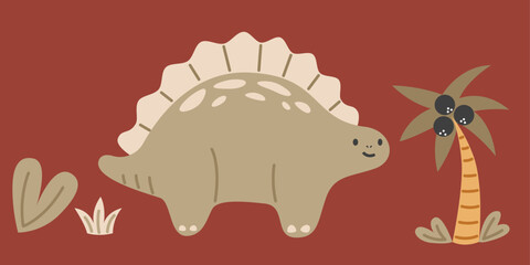 Bohemian nursery poster. Dinosaur with coconut palm and green plants. Cute animal in boho style for kids and baby bedrooms. Adorable pattern for wallpaper decor. Cartoon flat vector illustration