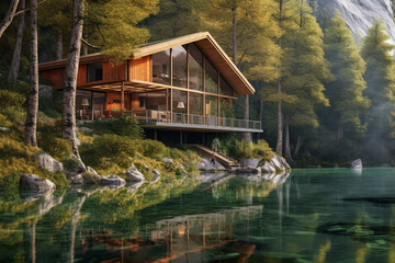 Obraz premium A house in a forest on the shore of a lake. AI generative