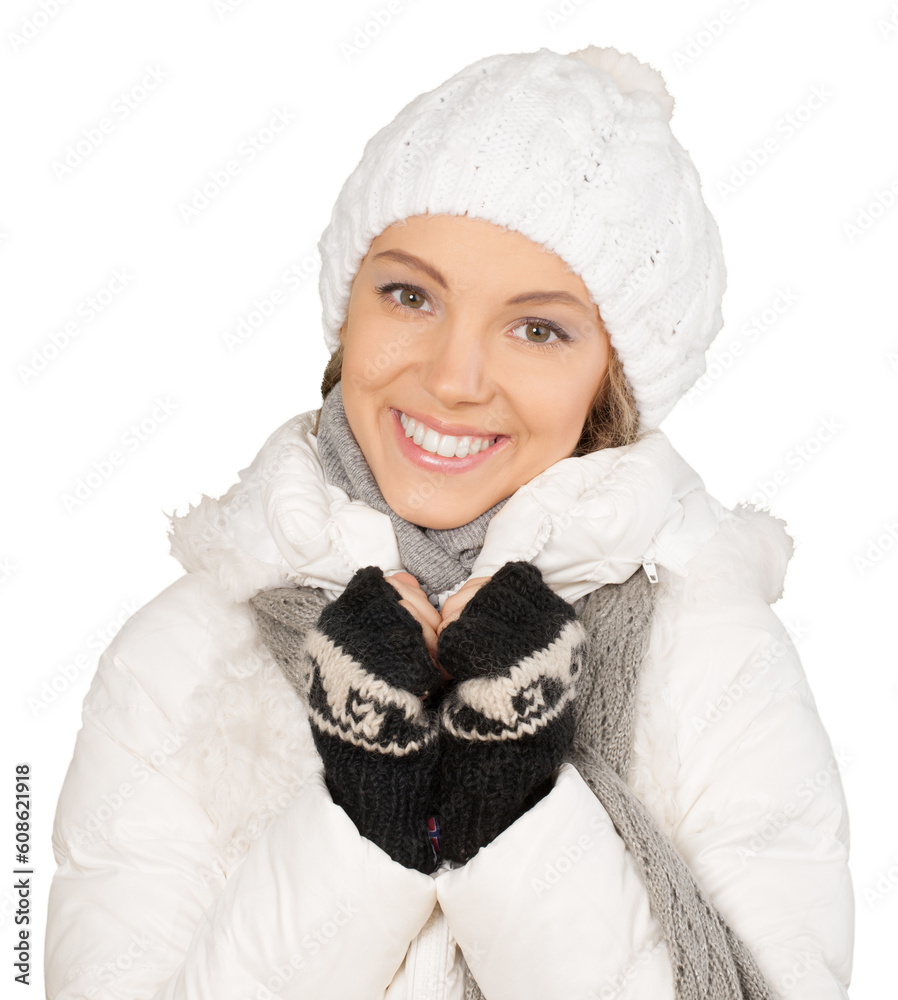 Wall mural portrait of beautiful young woman with make-up in winter clothes