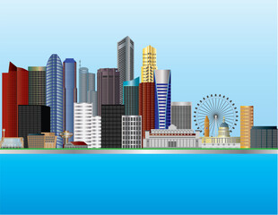Singapore City by the Mouth of Singapore River Skyline Illustration