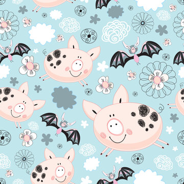 seamless graphic design with pigs and bats on a blue background with clouds
