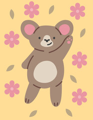 Bohemian nursery poster. Cute teddy bear waving and smiling. Adorable toy koala with ears. Animal character in baby shower and boho style. Floral banner for girl room. Cartoon flat vector illustration