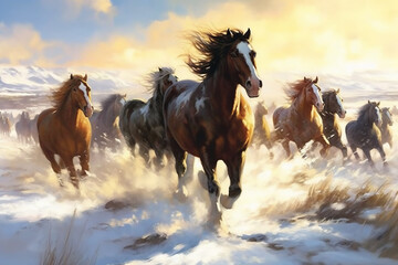 horses galloping freely through a snowy landscape. AI generative