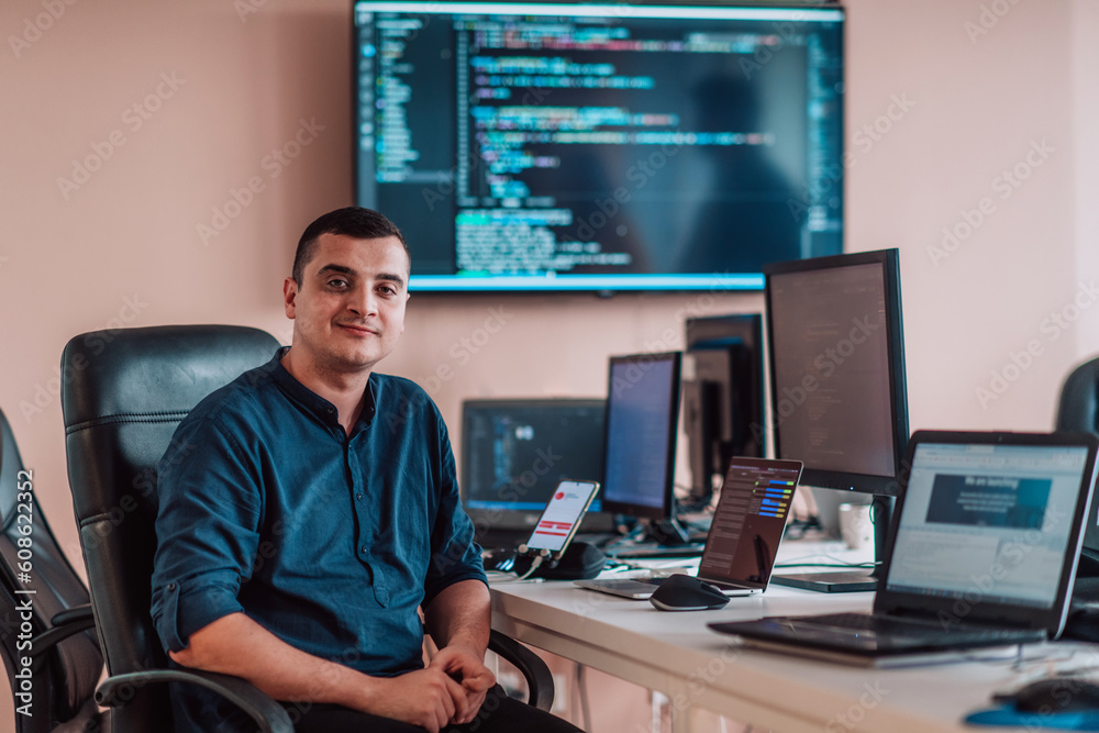 Wall mural a programmer diligently testing smartphone applications while sitting in their office.