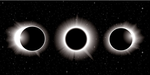 solar eclipse illustration in three stages - obrazy, fototapety, plakaty