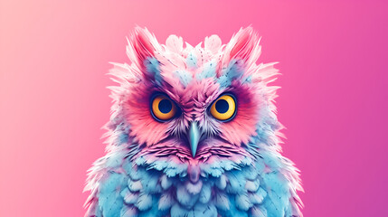 Colorful owl on pink background with copy space