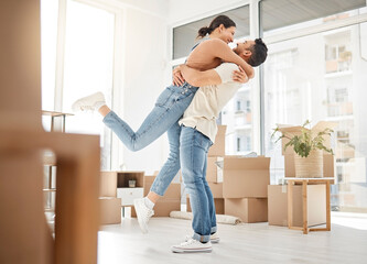 Love, moving and hug with couple in new home for celebration, property and relocation. Excited,...