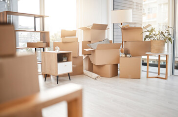 Moving, new home and cardboard boxes for packing house with furniture, living room decorations and apartment space. Household, packed box and empty property to rent, buy or own with modern interior