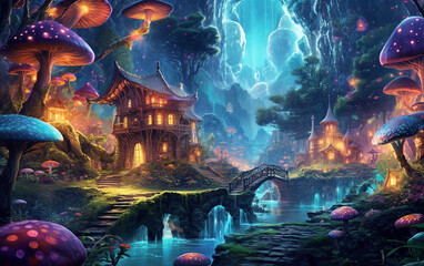 Enchanted Oasis: Captivating Fairy Village in a Mystical Forest - obrazy, fototapety, plakaty