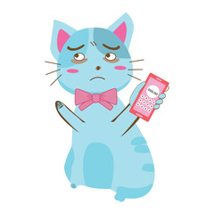 Vector illustration cat blue hold calculator on a white background. Cute kitten in cartoon style. for postcard, banner, web, design, arts