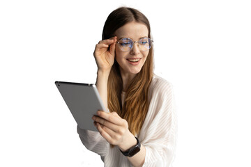A cheerful woman in a shirt and glasses uses a tablet, works as a secretary in the office, sends a message. Transparent background, png.p