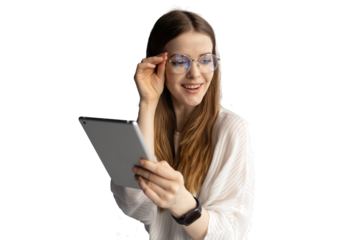 A cheerful woman in a shirt and glasses uses a tablet, works as a secretary in the office, sends a message. Transparent background, png.p