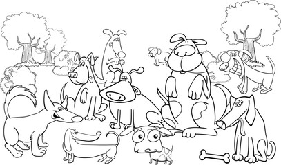 Cartoon Illustration of dogs on the meadow for coloring book