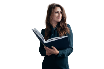 A female teacher is reading a book in her hands, in a dress. Transparent background, isolated.