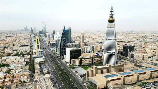 Wide angle drone shot Riyadh city skyline capital of Saudi Arabia