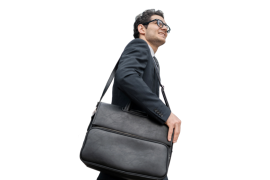 Entrepreneur is a young businessman in a suit going to work in a formal suit and a bag. Transparent background, isolated.