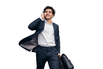 A young businessman entrepreneur talking on the phone is using a cellular connection . Transparent background, isolated.