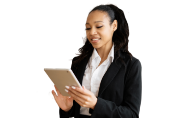 A cheerful woman in a business suit uses a tablet, works as a secretary in the office, sends a message. Transparent background, png.p