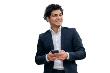 A confident young businessman entrepreneur uses a phone app during a break to play. The printing text of the message in the SMS. Transparent background, isolated.