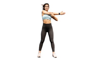 Young woman training running on her feet exercises in fitness comfortable clothes. Transparent background, isolated.