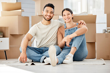 Happy, moving and box with portrait of couple in living room of new home for investment, property...