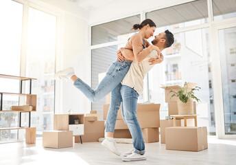 Happy, moving and hug with couple in new home for celebration, property and relocation. Excited, love and real estate with man and woman in living room apartment for investment, rent and homeowner