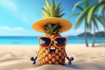 pineapple wearing glasses and a hat on the beach, ai generative