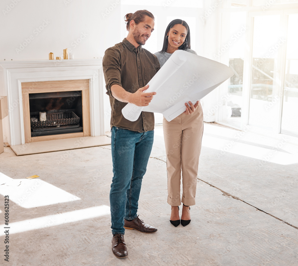 Poster Architect, collaboration and couple with blueprint for planning at construction site. Document, architecture and happy man and woman with design for engineering teamwork, building and reading plan.