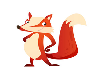 Forest animal icon. Funny brave fox with red hair. Smiling character for design and social media. Cute beast sticker in doodle style. Cartoon flat vector illustration isolated on white background