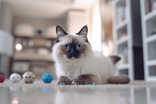 Birman cat is playing with toys and balls in a bright living room of a cozy apartment.