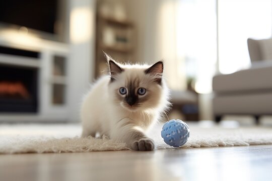 Birman kitten is playing with toys and balls in a bright living room of a cozy apartment.