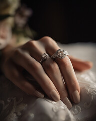 A close-up of wedding ring placed on a woman's finger. Generative AI