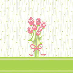 Greeting card with rose flowers on seamless pattern background