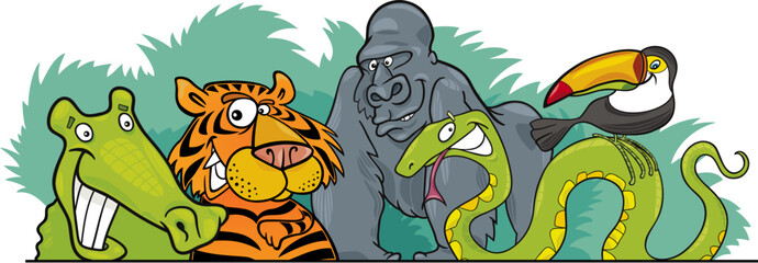 Cartoon illustration of Jungle Wild Animals header design