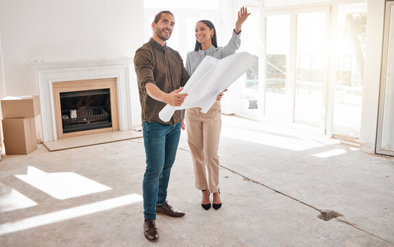 Architect, teamwork and couple with blueprint for planning at construction site. Design, architecture and happy man and woman with drawing for engineering, building plan and project strategy in home.