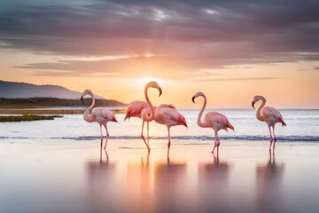 A group of graceful flamingos wading in shallow waters, their pink feathers creating a beautiful and elegant scene
