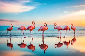 Obraz premium A group of graceful flamingos wading in shallow waters, their pink feathers creating a beautiful and elegant scene