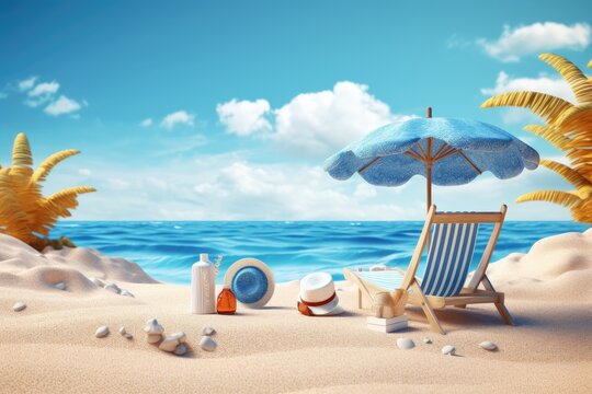 Tropical beach with summer vacation sunbathing accessories, ai generative