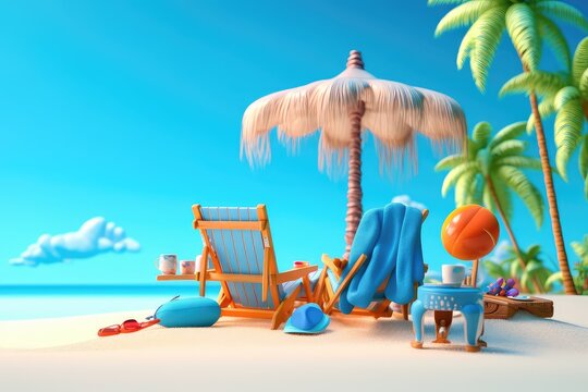 Tropical beach with summer vacation sunbathing accessories, ai generative