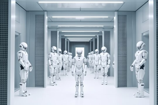 White robots working with laptop, looking at businessman standing near exit door in modern white office background. Generative AI