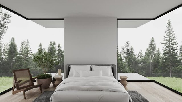 3d animation video,  Forest view white bedroom scandinavian minimalist room interior design 3d render with large windows plants and wooden floor